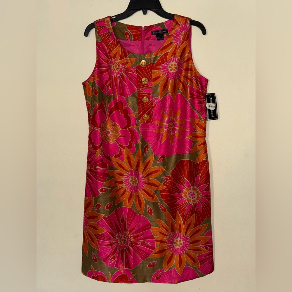 Jessica Howard Fuchsia and Tangerine Floral Dress Round Neck Sleeveless